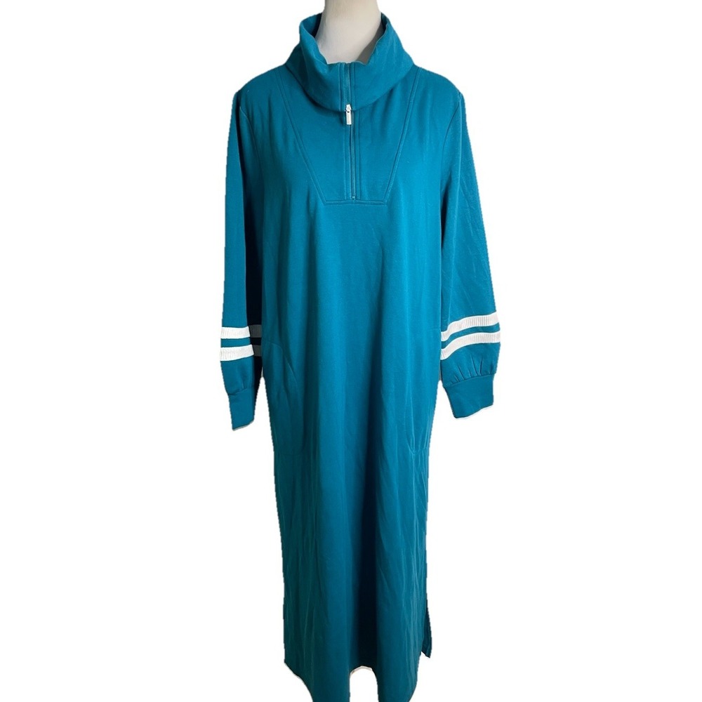 Carole Hochman Fleece Lounger Dress Blue Half Zip House Coat Long Pockets Large